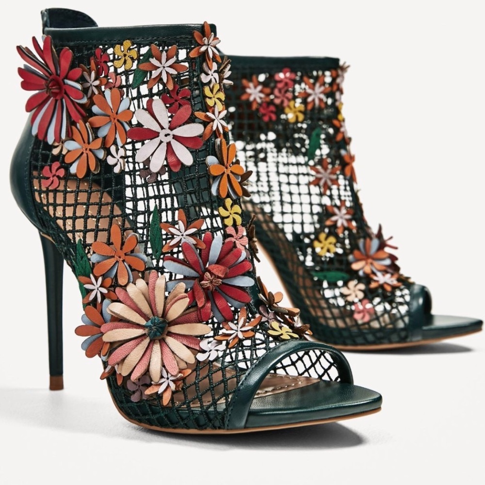 Zara Green Mesh Bootie with Floral Appliqués
